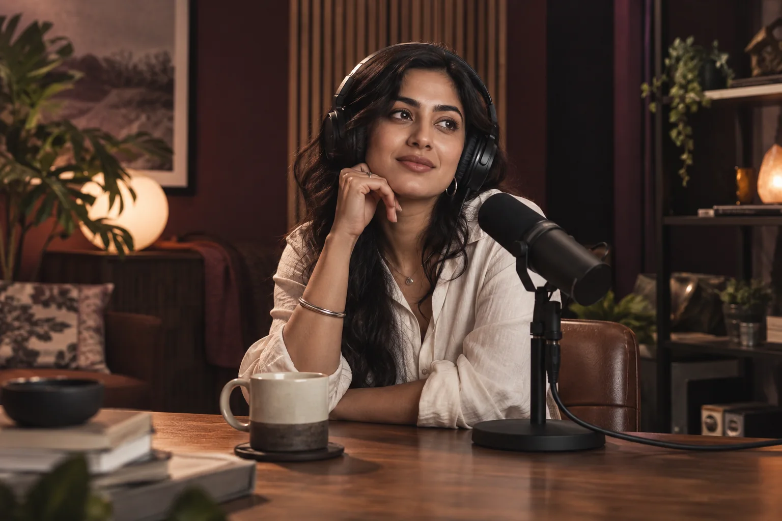 AI-generated editorial scene of a podcast creator beside a studio microphone
