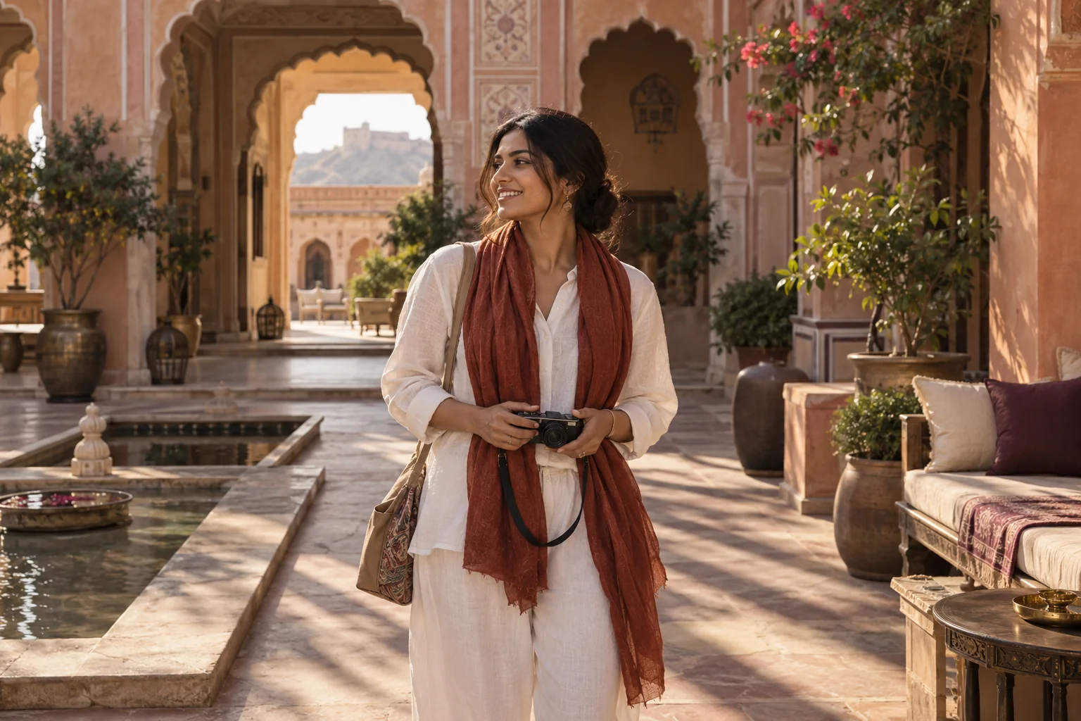 AI-generated editorial scene of a travel creator with a camera in a sunlit courtyard