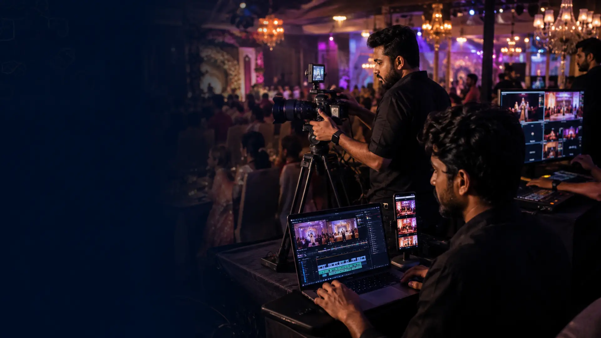 Professional event team recording and editing a live programme in parallel